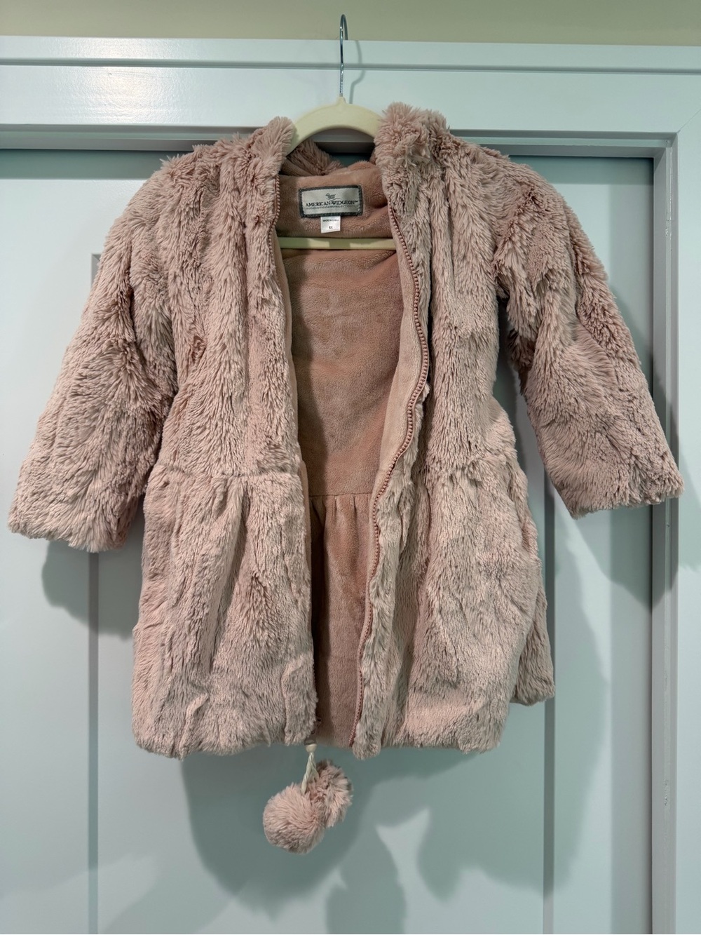 American Widgeon Soft Plush Kids Faux Fur Coat with Pom Trim — Blush 6X
